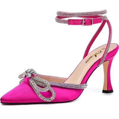 Womens Rhinestone Bow Heels Ankle Strap Pointed Toe Stilett