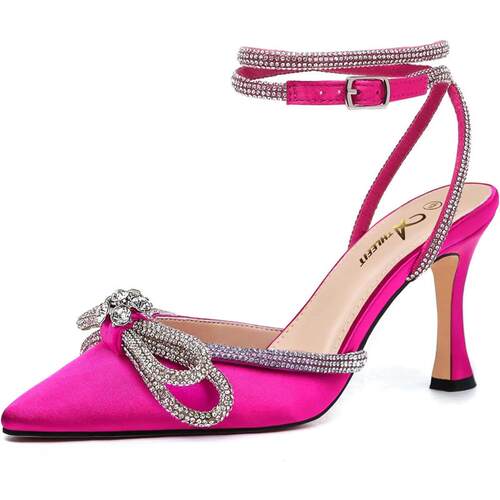 Womens Rhinestone Bow Heels Ankle Strap Pointed Toe Stilett