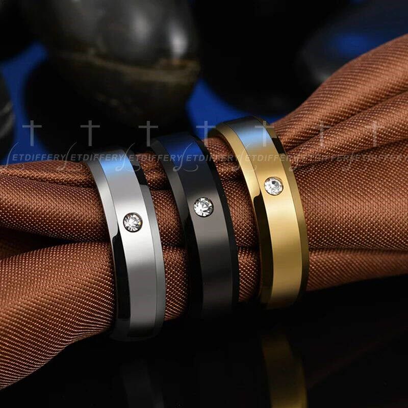 Letdiffery 6mm White Stones Couple Rings for Lovers Stainles - 实物图