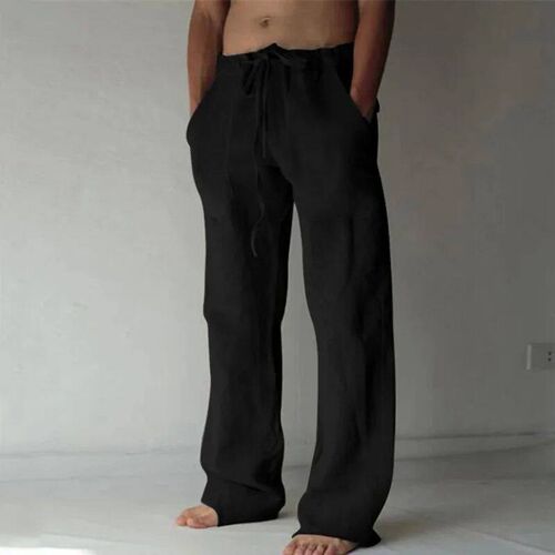 Mens Cotton Linen Long Pants Summer Solid Color Breathable