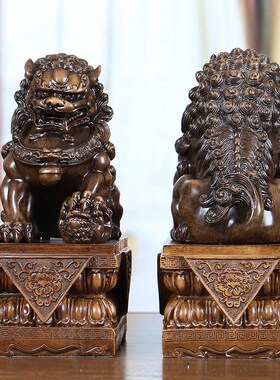 宫门木纹狮子摆件一对大号工艺品创意中式装饰品仿木雕狮摆设动物