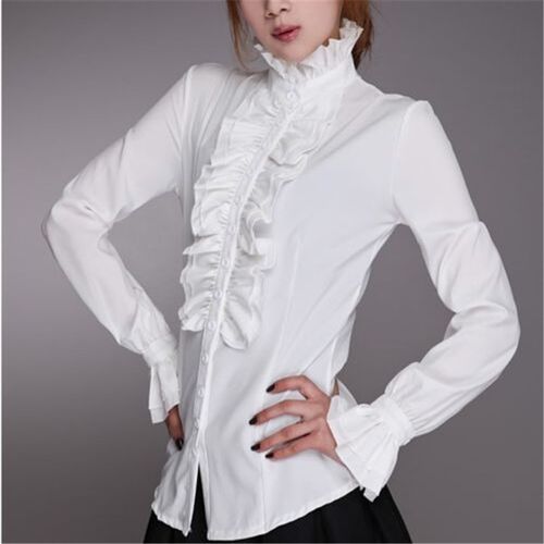 Fashion Victorian Womens Tops Ruffles Long Sleeve Frill Soli