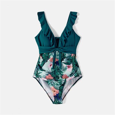 PatPat Family Matching Swimsuit Plant Print Ruffle Trim Spli