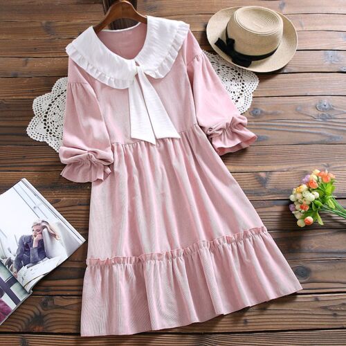 Mori girl corduroy solid cute dress new autimn fashion bow l
