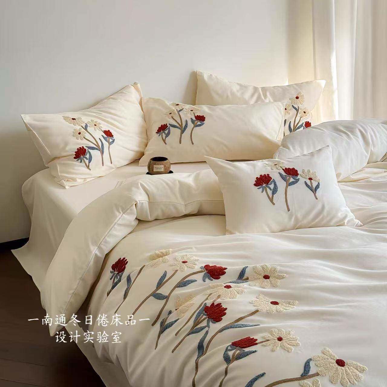 一路生花 | 100支纯棉加厚磨毛四件套 全棉毛巾绣被套秋冬A类床品