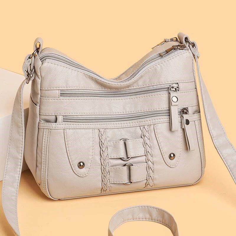 Retro multi pocket crossbody bag, soft synthetic leather sho - 实物图