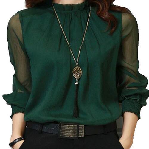 Chiffon Blouse New Women Tops Long Sleeve Stand Neck Work We