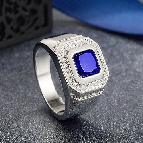 Mens Blue Crystal CZ Stone Ring Luxury Silver Color