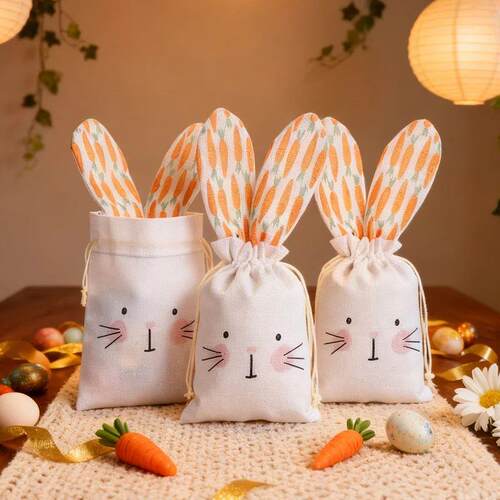 6/1Pcs Easter Bunny Linen Gift Bags Rabbit Carrot Sweet Cand