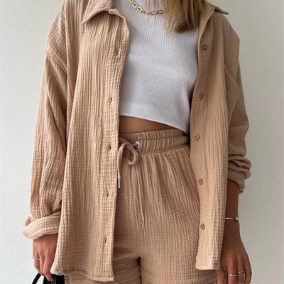 Oversized Shirt Shorts Two Piece Sets Women Spring Cotton op