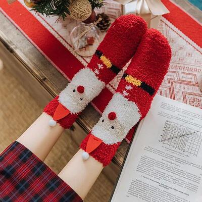 Christmas coral fleece socks mid-tube warm thickened floor s