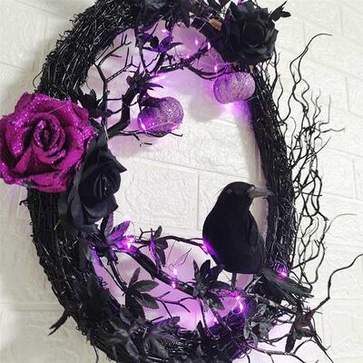 Halloween Black Crow Horror Wreath Creative Purple Rose Simu