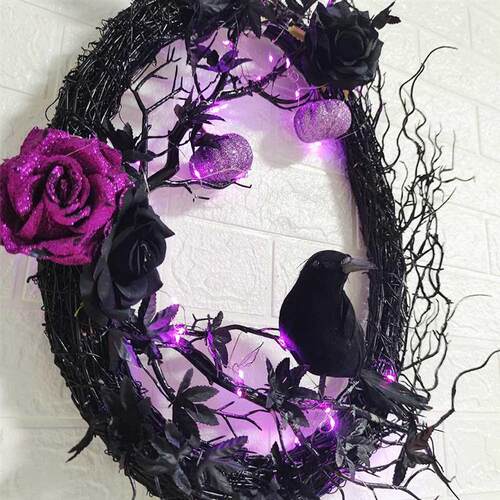 Halloween Black Crow Horror Wreath Creative Purple Rose Simu