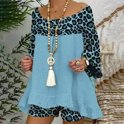 Summer Vintage Leopard Patchwork Outfits Set Cotton Linen Sh