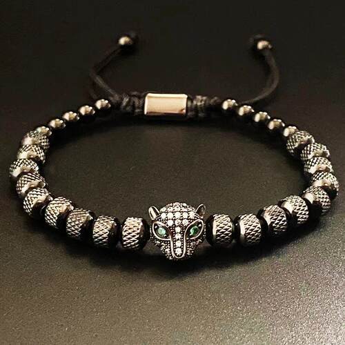 Luxury Stainless Steel Beads Beaded Leopard Head Man