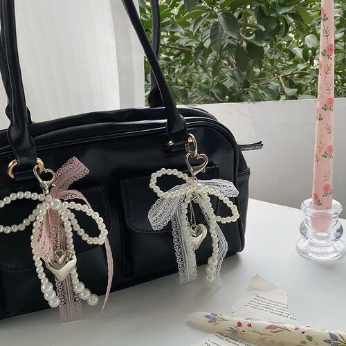 1Pcs Sweet Lace Bow Beaded Bow Keychain Phone Charm Strap Pe