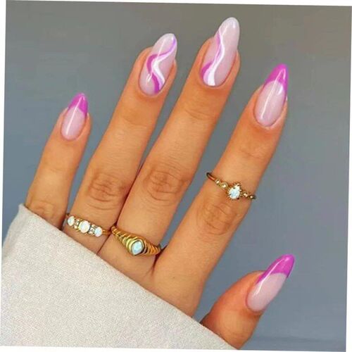 24Pcs French False Nails Almond Fake Nails with Glue Press o