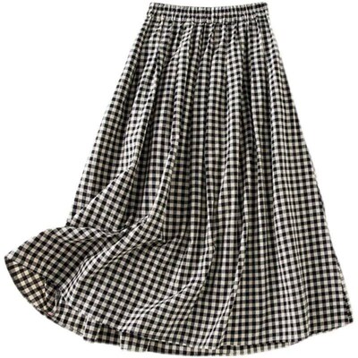Temperament Summer Womens Cotton Hemp Black White Plaid Hal