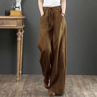 Casual Wide Linen High Trouser Cotton Waist Pants Women Leg