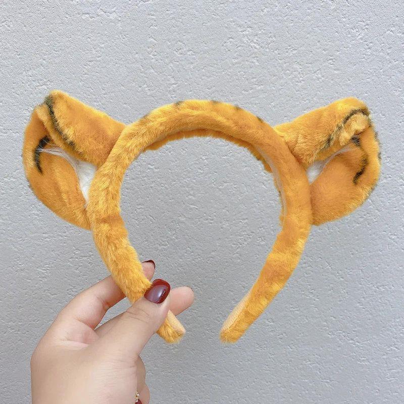 Cartoon Animal Headbands Soft Faux Plush Tiger Ears Hairband - 实物图