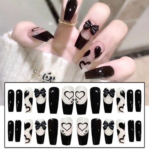 24pcs Long Press On Nails Cute Black Bow Design Fake Nails F