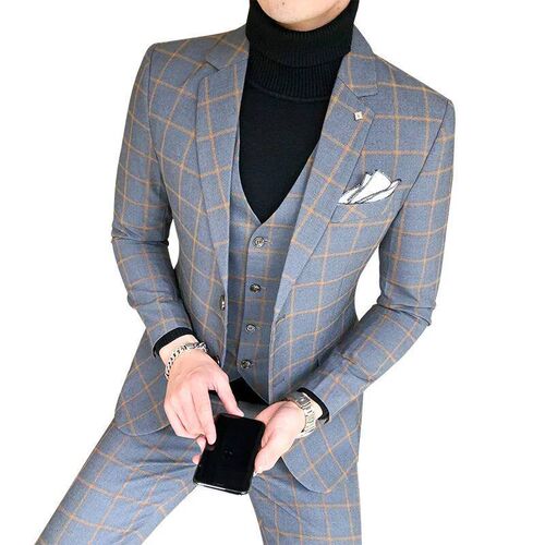 Blazer and Vest and Pants / Boutique Fashion Plaid Mens Cas