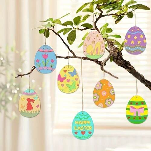 16pcs Wooden Easter Home Hanging Ornament Assorted Colored E