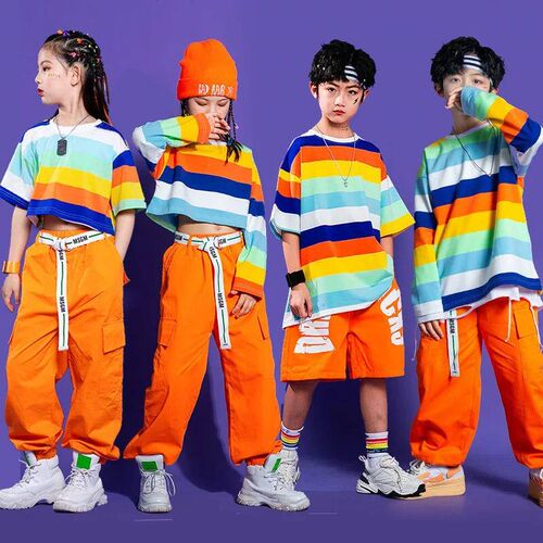 Girls Hip Hop Sreet Dance Clothes Striped Crop Top Cargo Pan