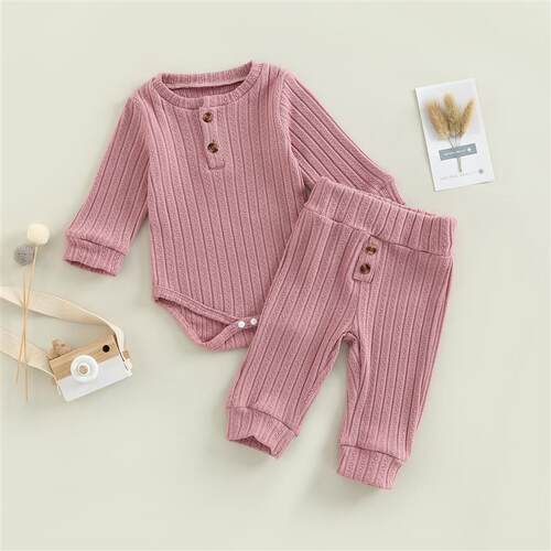 Baby Girls Pants Set, Ribbed Long Sleeve Crew Neck Romper wi
