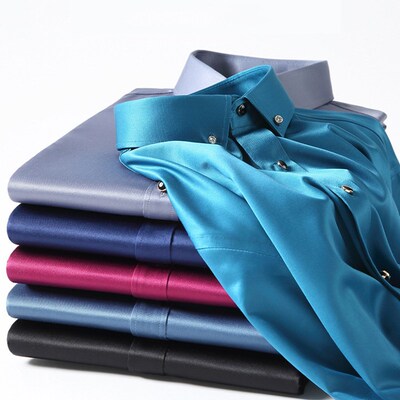 New Sretch Silk Pink Shirt Mens Long-sleeved Non-iron Solid