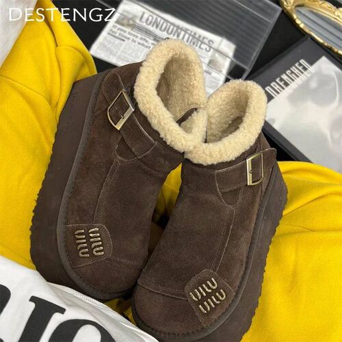 2024 New Fur Platform Women Ankle Boot Flat Suede Warm Shoe
