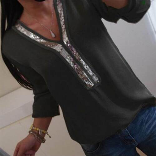 Women+Blouse+Plus+Size+V+Neck+Blouse+Casual+Loose+Sequin+Lad