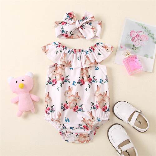Baby Easter 2 Bunny Printed Sleeveless Jumpsuit Triangle Cli