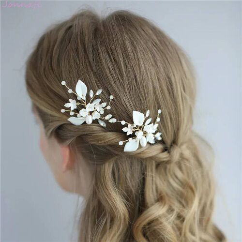 Jonnafe Porcelain Flower Leaf Bridal Hair Pins Clips Handmad