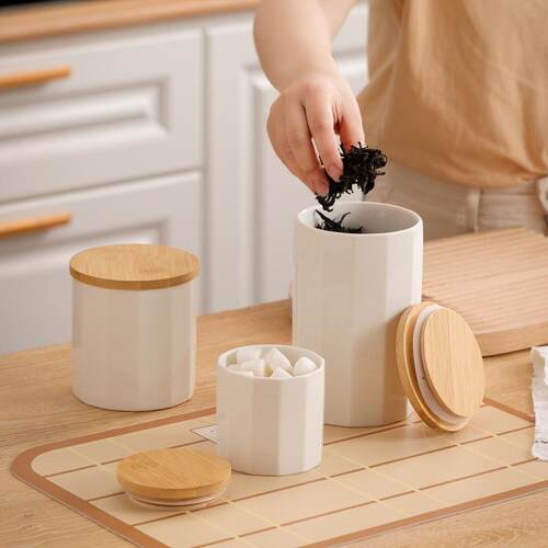 White Striped Ceramic Jar with Airtight Seal Sugar Storage