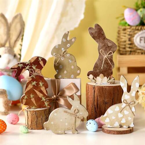 1-5pc Rustic Wooden Easter Bunny Signs Freestanding Rabbit T