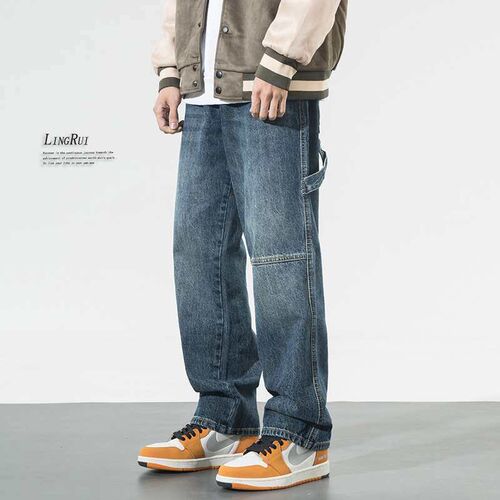 Spring Washed Vintage Jeans Mens Loose Large Size Wide-leg