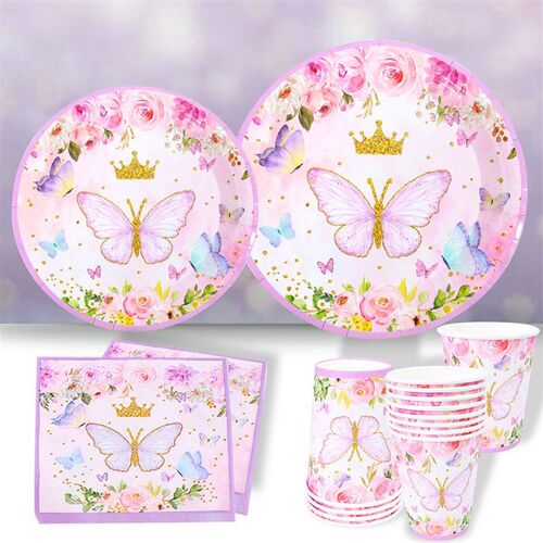 Pink Butterfly Birthday Tableware Backdrop Happy 1st First B