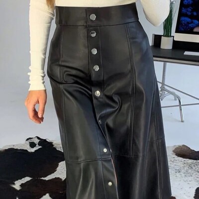 Pu Leather Rivets Buttons Midi Skirt Women High Waist Casual