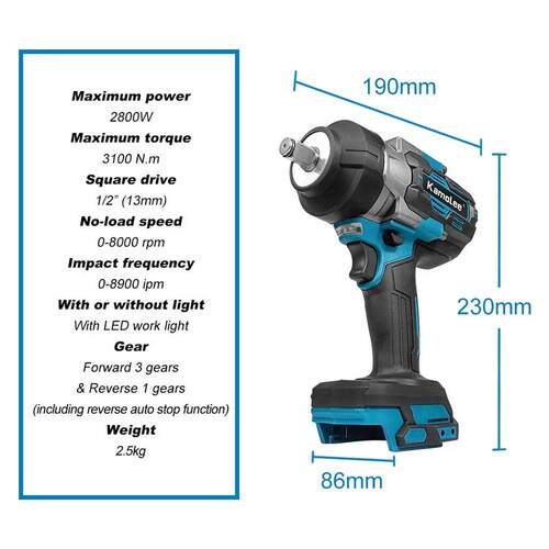 Kamolee 3100NM Brushless Electric Wrench 1/2 inch Cordless I