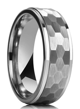8MM Mens Silver Color Stainless Steel Ring Hammered