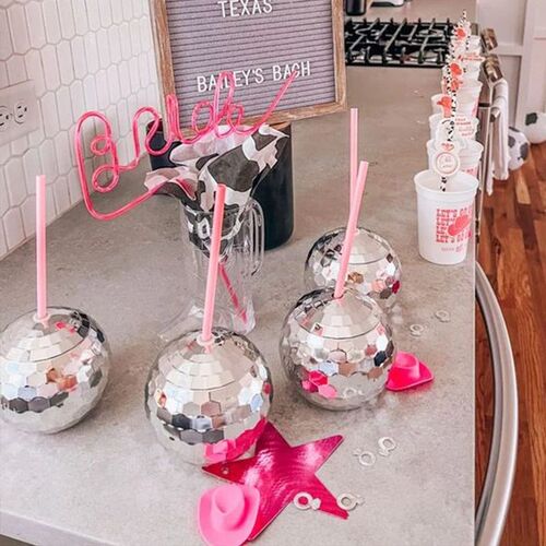580ml Disco Ball Cups Silver Flash Cocktail Cup With Straw N