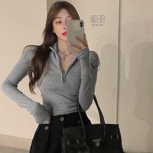 Womens Slim Fit Crop Top Half Zipper Long Sleeve Solid Colo