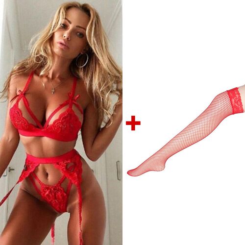 4 Piece Set Underwear Women+Stockings+G-string Plus Size Bra