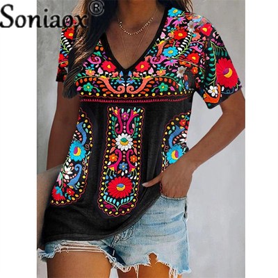 Sexy Boho V Neck Patchwork Blouse Tops 2022 Summer Women Sho