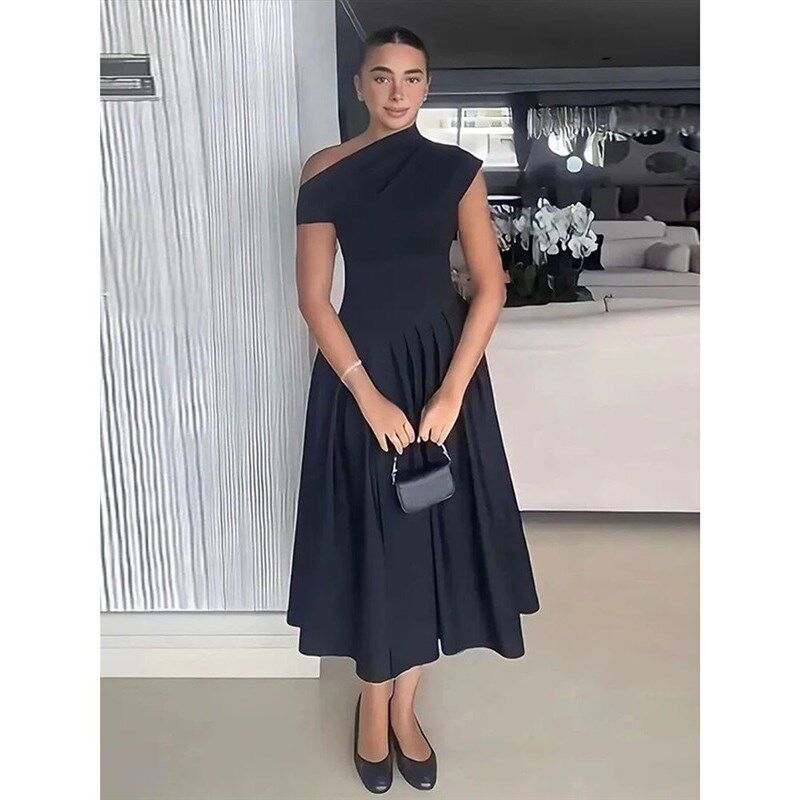 Elegant Dress Women Casual Diagonal Collar Slim A Line Robe图片