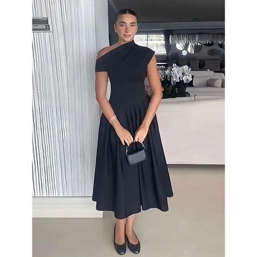 Elegant Dress Women Casual Diagonal Collar Slim A Line Robe