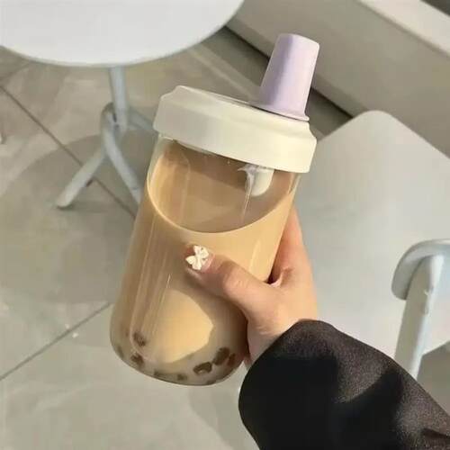 500/850ml Cute Pearl Milk Tea Straw Plastic Water Bottle Wit
