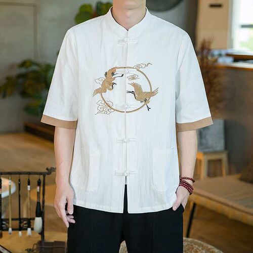 Summer New Cotton and Linen Embroidered Mens Casual Shirt L