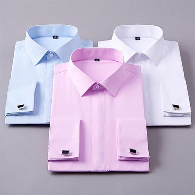 Mens Classic French Cuffs Solid Dress Shirt vered Placket F